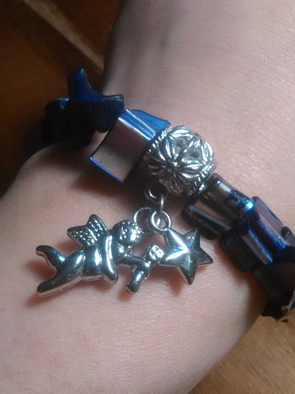 Angel and Star Charm Purple Shell Beaded Stretch Bracelet